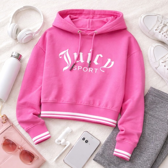 Juicy Couture Tops - Juicy Sport Pink Cropped Hoodie Medium Juicy Couture Logo Pullover